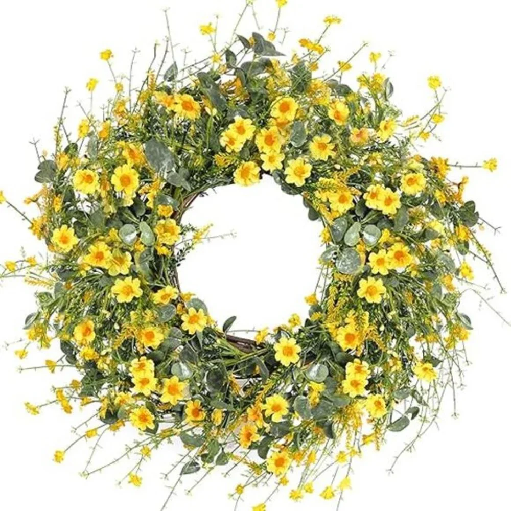 Yellow Daisy Wreath 24 Inch Spring Summer Wreath Fake Silk Floral Wreath